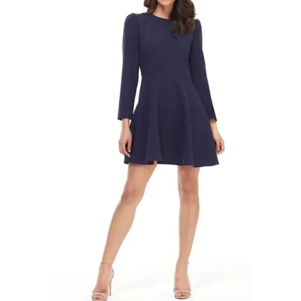 Gal Meets Glam Celeste Fit Flare Dress Navy Blue Long Sleeve Sz US 6